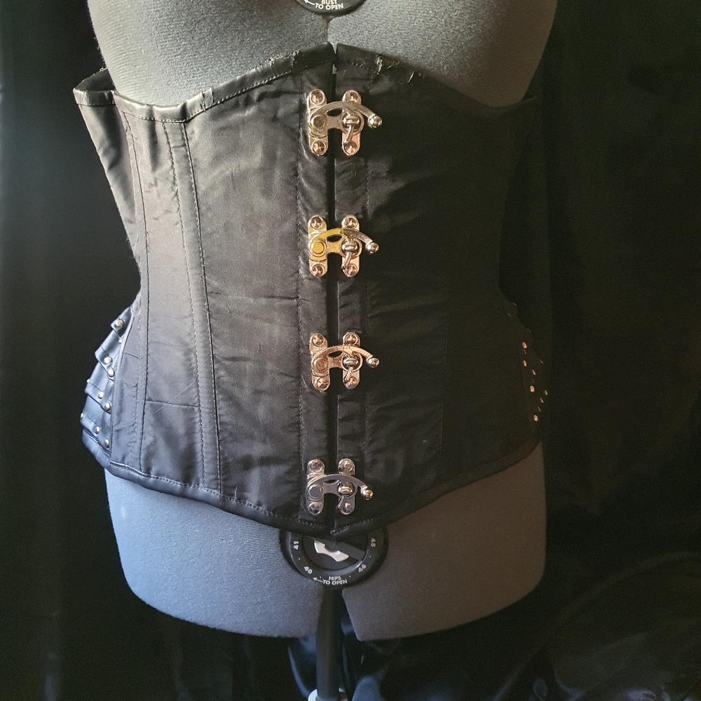 Black Satin Underbust Corsetwith gothic riveted hip panels and steampunk closure